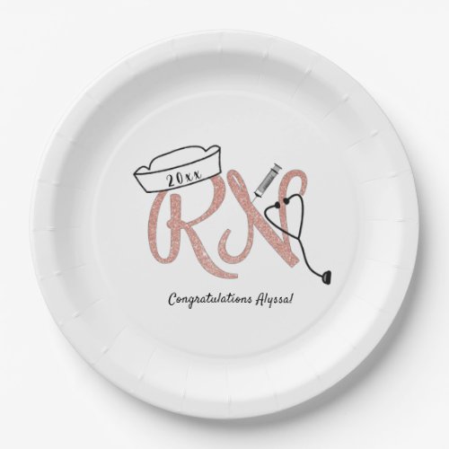 Rose Gold glitter RN graduation pinning party deco Paper Plates