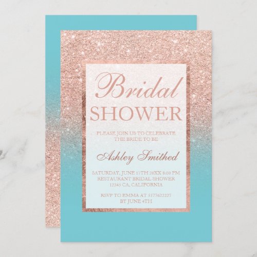Rose gold glitter robins egg blue Bridal shower Invitation