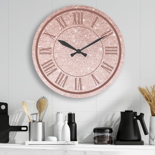 Rose Gold Glitter Roman Numeral Sparkle Girly Large Clock