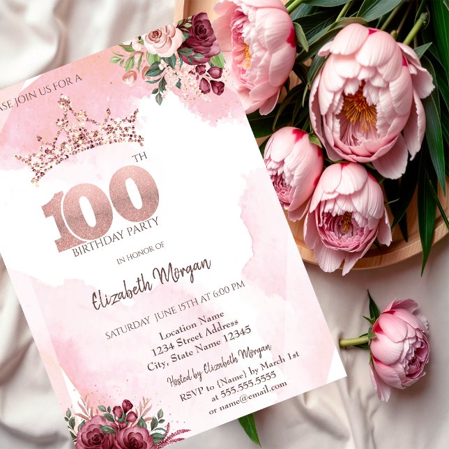  Rose Gold Glitter Roses Crown 100th Birthday  Invitation (Creator Uploaded)