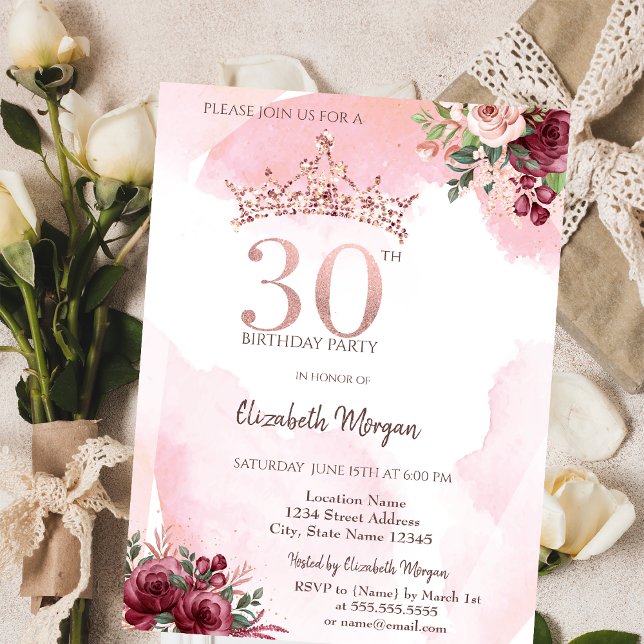  Rose Gold Glitter Roses Crown 30th Birthday  Invitation (Creator Uploaded)
