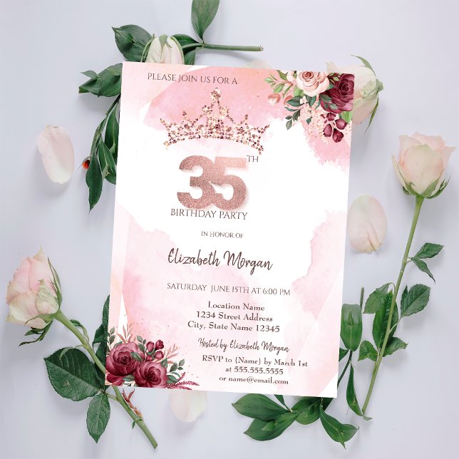  Rose Gold Glitter Roses Crown 35th Birthday  Invitation (Creator Uploaded)