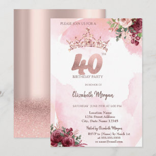  Rose Gold Glitter Roses Crown 40th Birthday  Invitation
