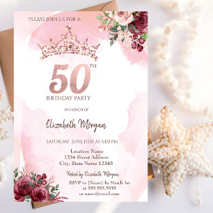 Rose Gold Glitter Roses Crown 50th Birthday Party Invitation