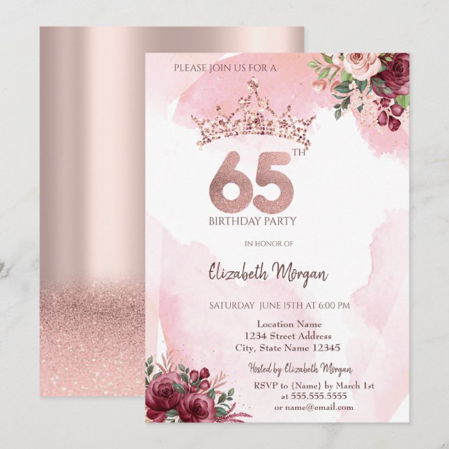  Rose Gold Glitter Roses Crown 65th Birthday Party Invitation (Front/Back)