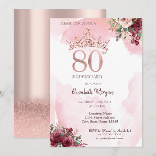  Rose Gold Glitter Roses Crown 80th Birthday Party Invitation