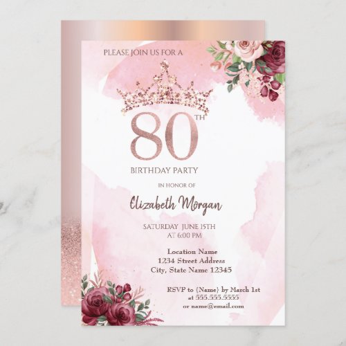  Rose Gold Glitter Roses Crown 80th Birthday Party Invitation