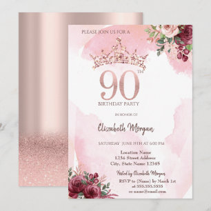 Rose Gold Glitter Roses Crown 90th Birthday Party Invitation