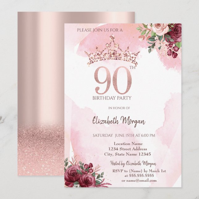  Rose Gold Glitter Roses Crown 90th Birthday Party Invitation (Front/Back)