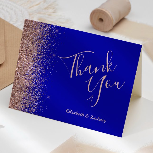 Rose Gold Glitter Royal Blue Wedding Thank You Card (Creator Uploaded)