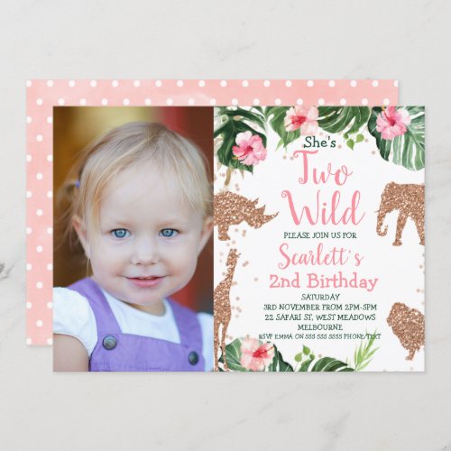 Rose Gold Glitter Safari Photo Two Wild Birthday Invitation