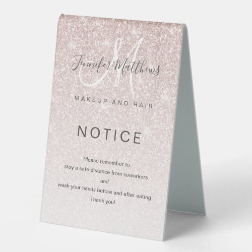 Rose Gold Glitter Salon COVID Safety Break Room Table Tent Sign