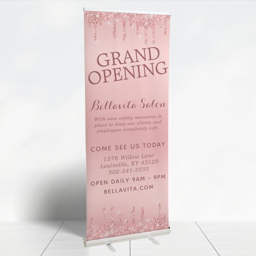 Rose Gold Glitter Salon Grand Opening Covid Safety Retractable Banner