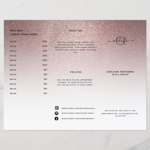 Rose Gold Glitter Salon Price List Service Menu