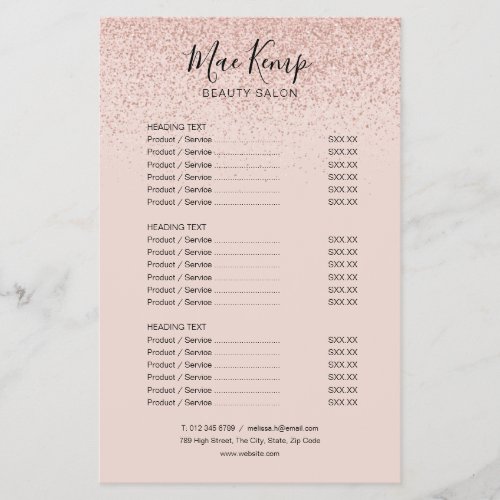 Rose Gold Glitter Salon Service Menu Flyer