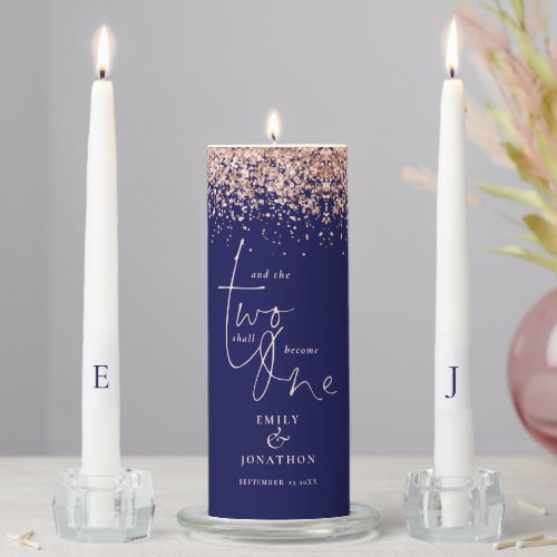 Rose Gold Glitter Saying Navy Initials Wedding Unity Candle Set