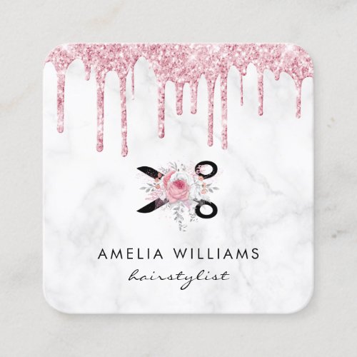 Rose gold glitter scissors floral hairstylist  square business card