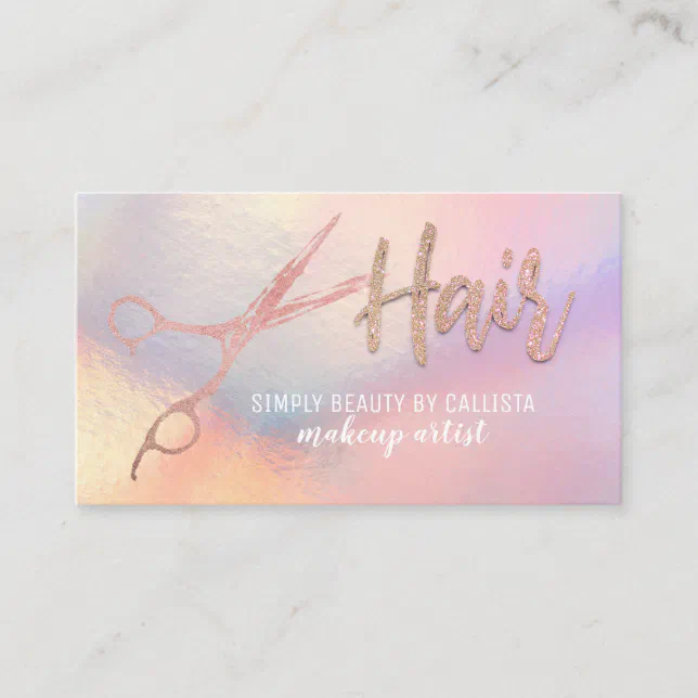 Rose Gold Glitter Scissors Iridescent Hair Stylist Business Card | Zazzle