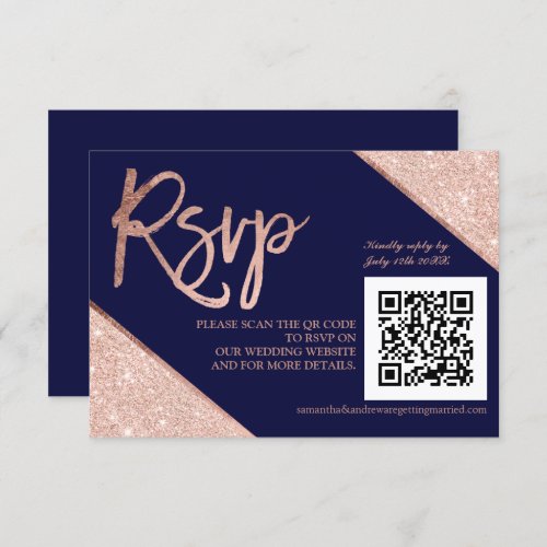 Rose gold glitter script blue QR code rsvp wedding