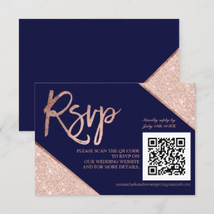 Rose gold glitter script blue QR code rsvp wedding Card