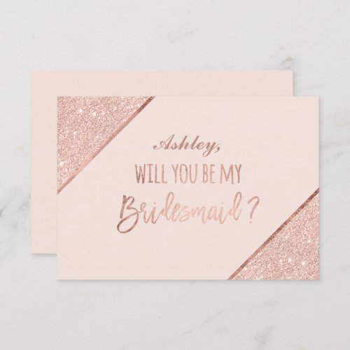 Rose gold glitter script blush be my bridesmaid invitation