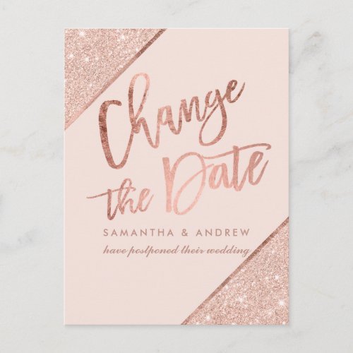 Rose gold glitter script blush change the date announcement postcard