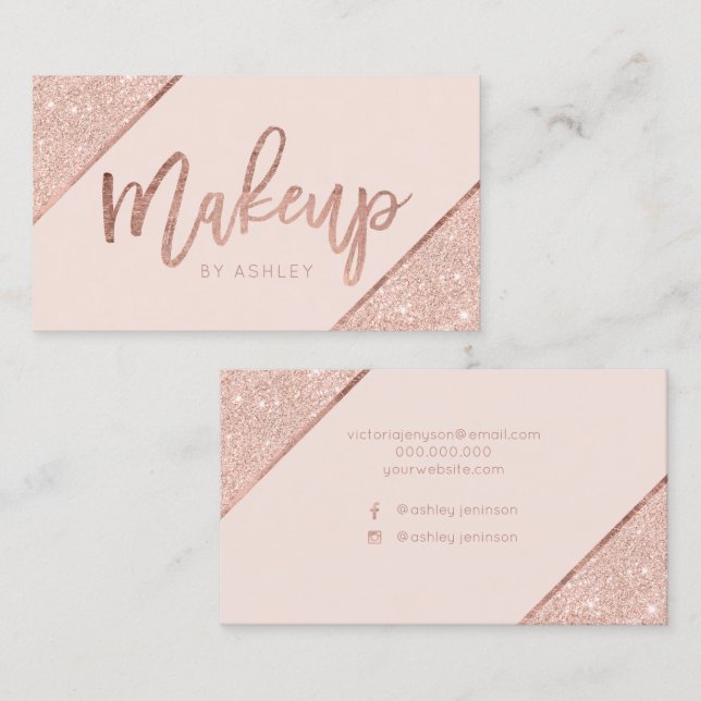 Rose gold glitter script blush makeup typography business card (Front/Back)