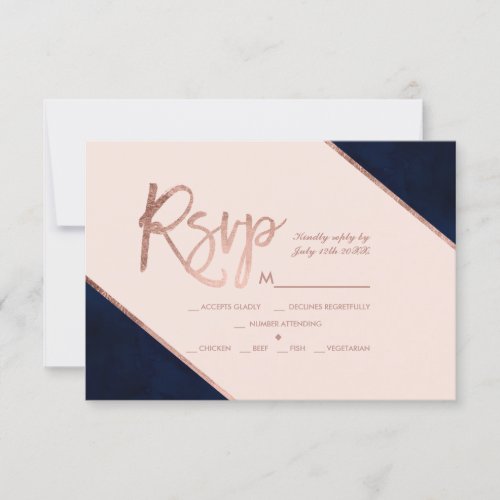 Rose gold glitter script blush navy rsvp wedding