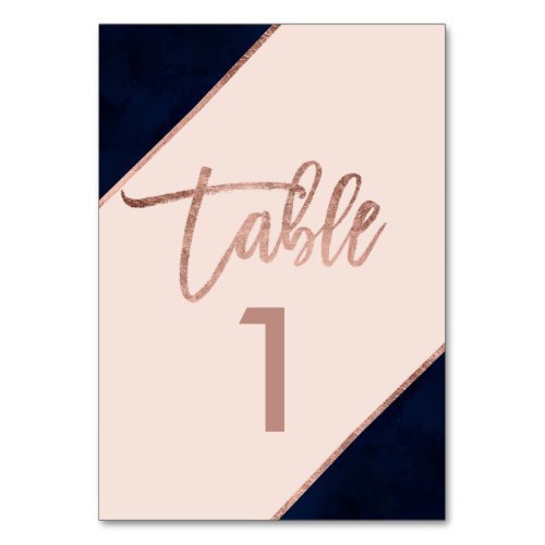 Rose gold glitter script blush navy table number