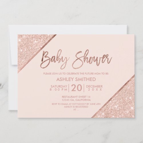 Rose gold glitter script blush pink baby shower invitation