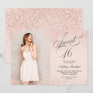 rose gold glitter script blush pink photo Sweet 16 Invitation