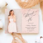 rose gold glitter script blush pink photo Sweet 16 Invitation<br><div class="desc">A modern simple rose gold glitter sparkles stylish on customizable blush pink Sweet sixteen birthday party invitation,  add your picture  with an elegant swirls calligraphy script.</div>