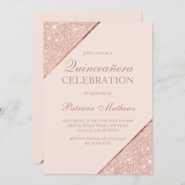 Rose gold glitter script blush pink Quinceanera Invitation (Front/Back)