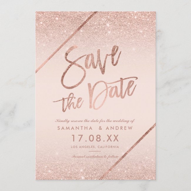 Rose gold glitter script blush pink save the date