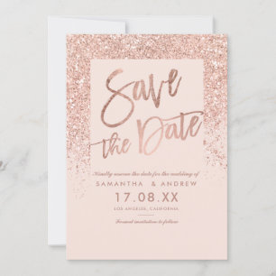 Rose gold glitter script blush pink save the date