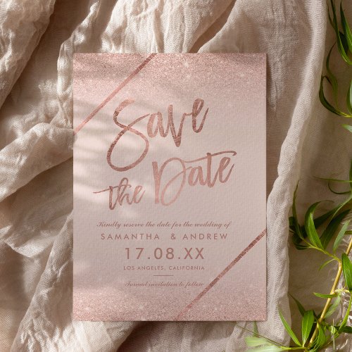 Rose gold glitter script blush pink save the date