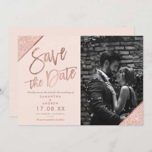 Rose gold glitter script blush pink save the date