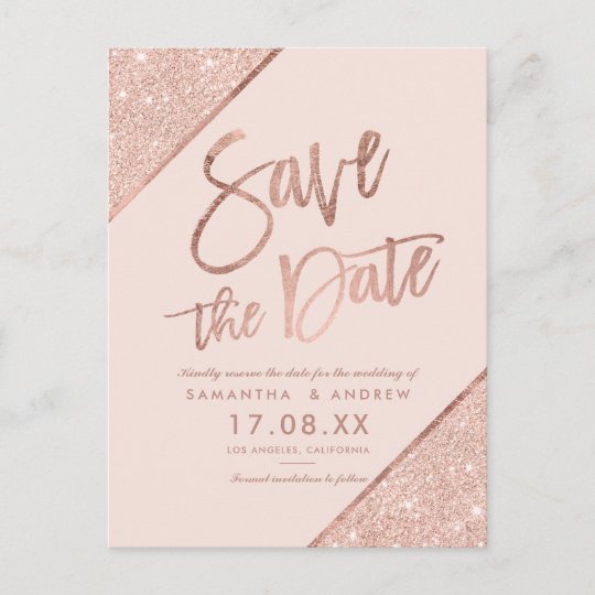 Rose gold glitter script blush pink save the date announcement postcard ...