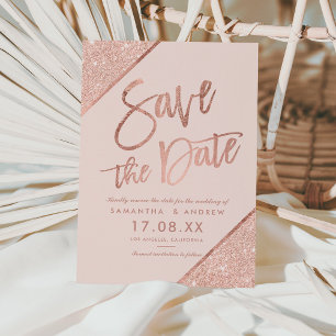 Rose gold glitter script blush pink save the date announcement postcard