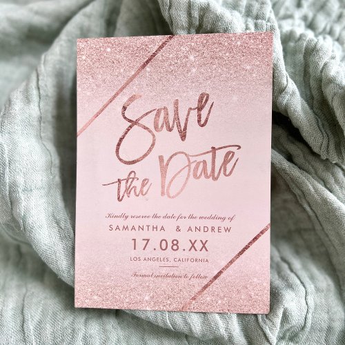 Rose gold glitter script blush pink save the date announcement postcard