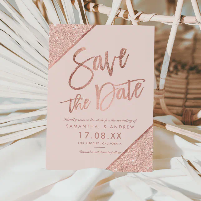 Rose Gold Glitter Script Blush Pink Save The Date Announcement Postcard Zazzle