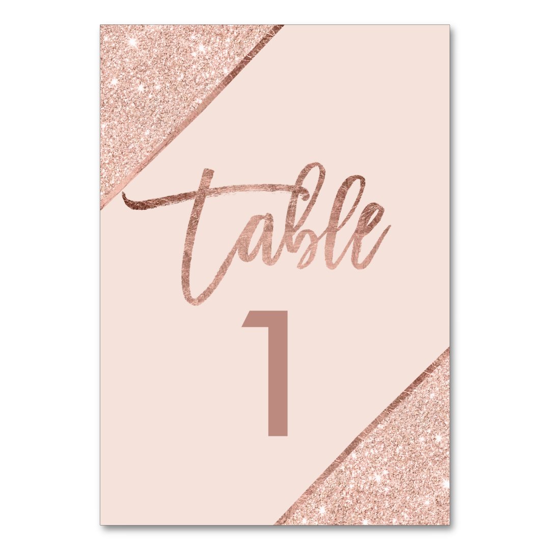 Rose gold glitter script blush pink table number | Zazzle