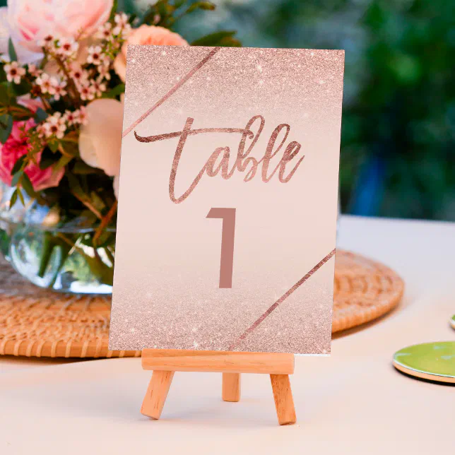 Rose Gold Glitter Script Blush Pink Table Number | Zazzle | Rose Gold