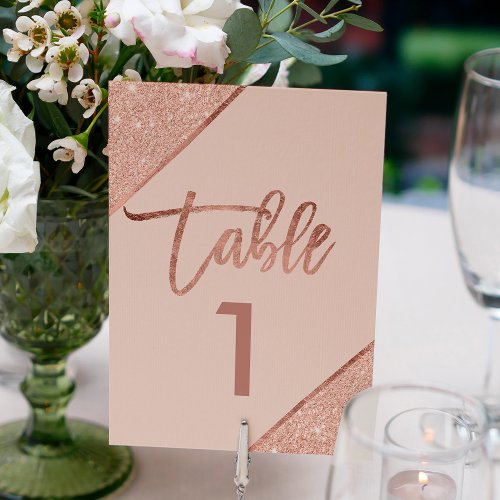 Rose gold glitter script blush pink table number