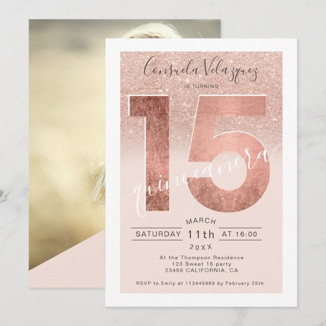 Rose gold glitter script blush quinceanera photo invitation (Front/Back)
