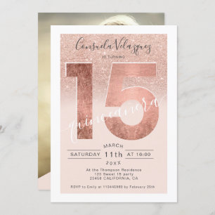 Rose gold glitter script blush quinceanera photo invitation