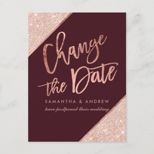 Rose gold glitter script burgundy change the date announcement postcard