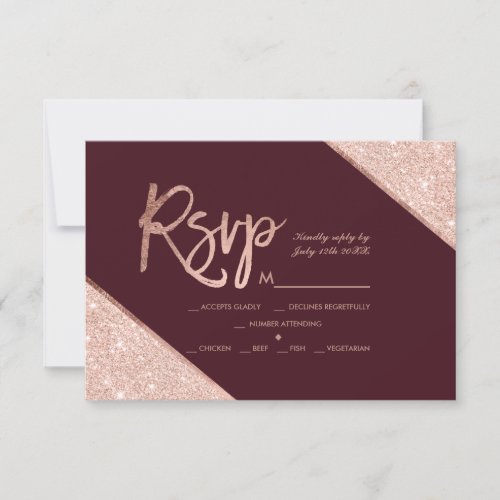 Rose gold glitter script burgundy rsvp wedding