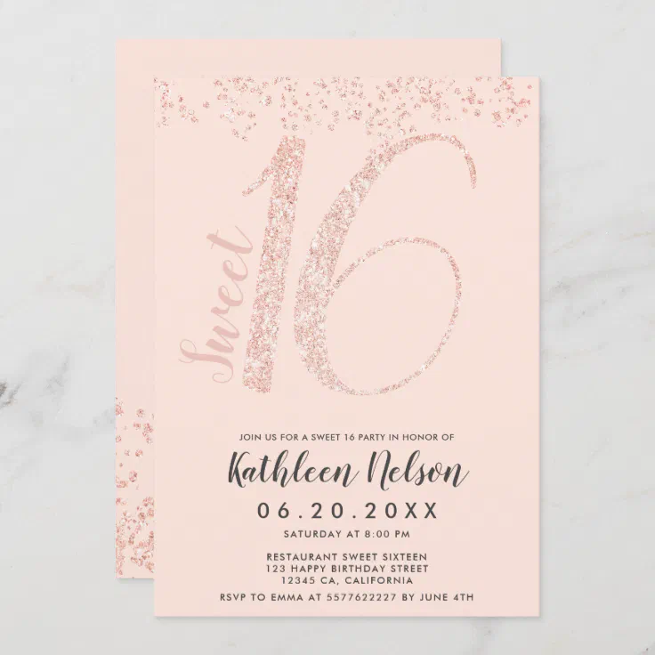 Rose Gold Glitter script chic blush sweet sixteen Invitation | Zazzle