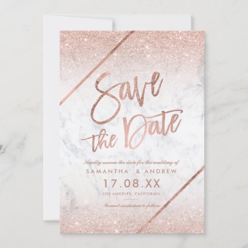 Rose gold glitter script chic marble save the date